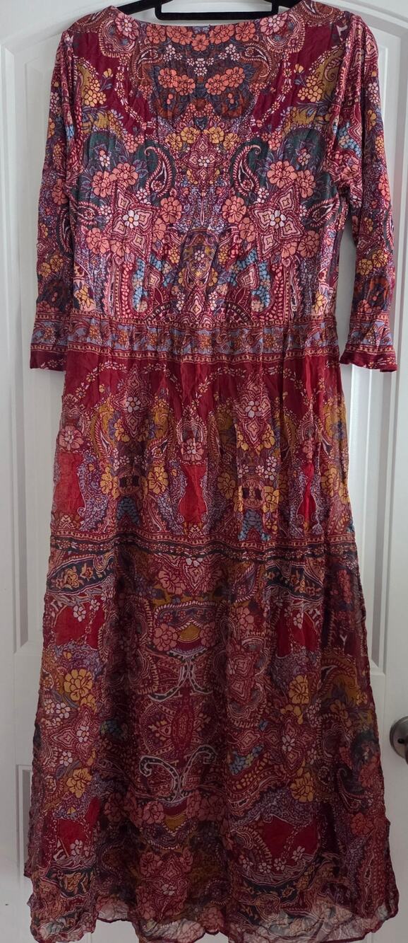 Soft Surroundings Boho Maxi Dress Small S Red Paisley Gauze Lined 3/4 Slv